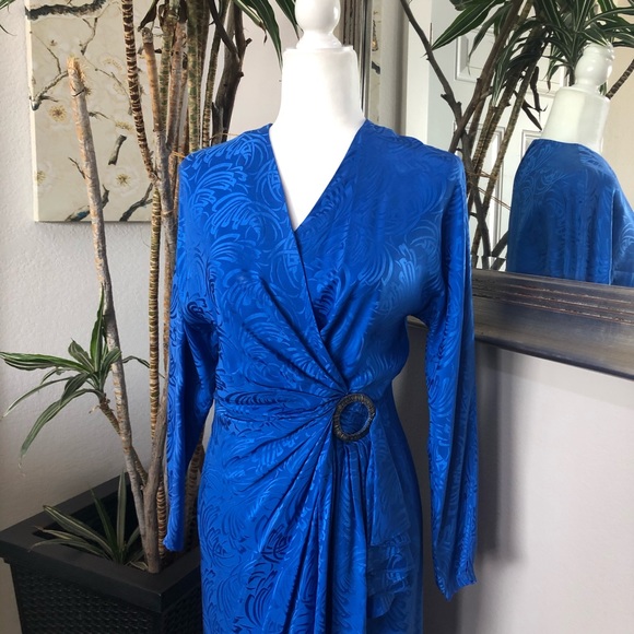 VTG 80s Lauren Alexandra Blue Silk Faux Wrap Dress - Picture 3 of 11